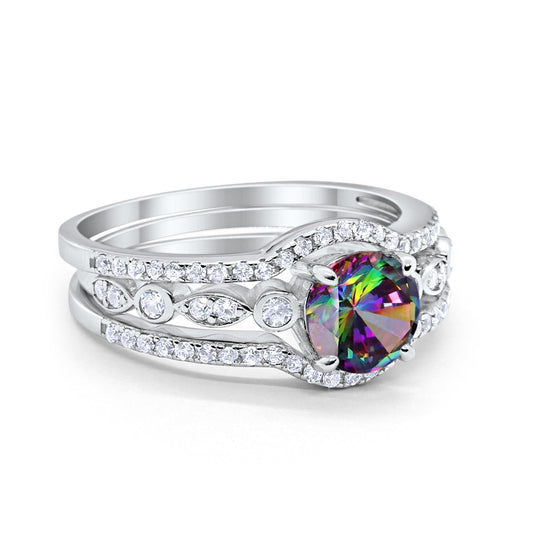 Trio Set Three Piece Round Simulated Rainbow CZ Wedding Ring