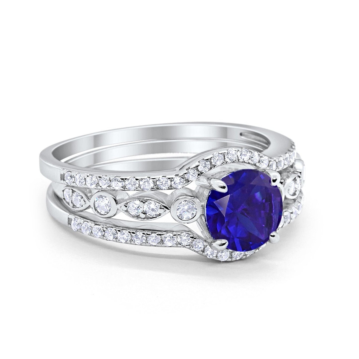 Trio Set Three Piece Round Simulated Blue Sapphire CZ Wedding Ring