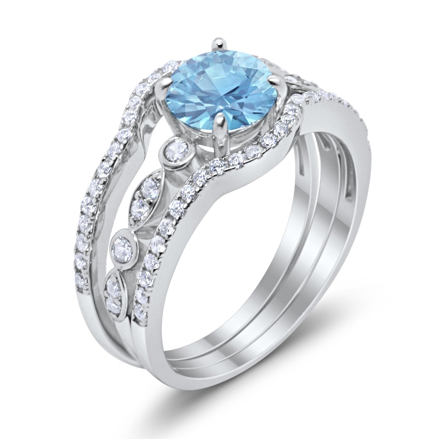 Trio Set Three Piece Wedding Ring Round Simulated Aquamarine CZ