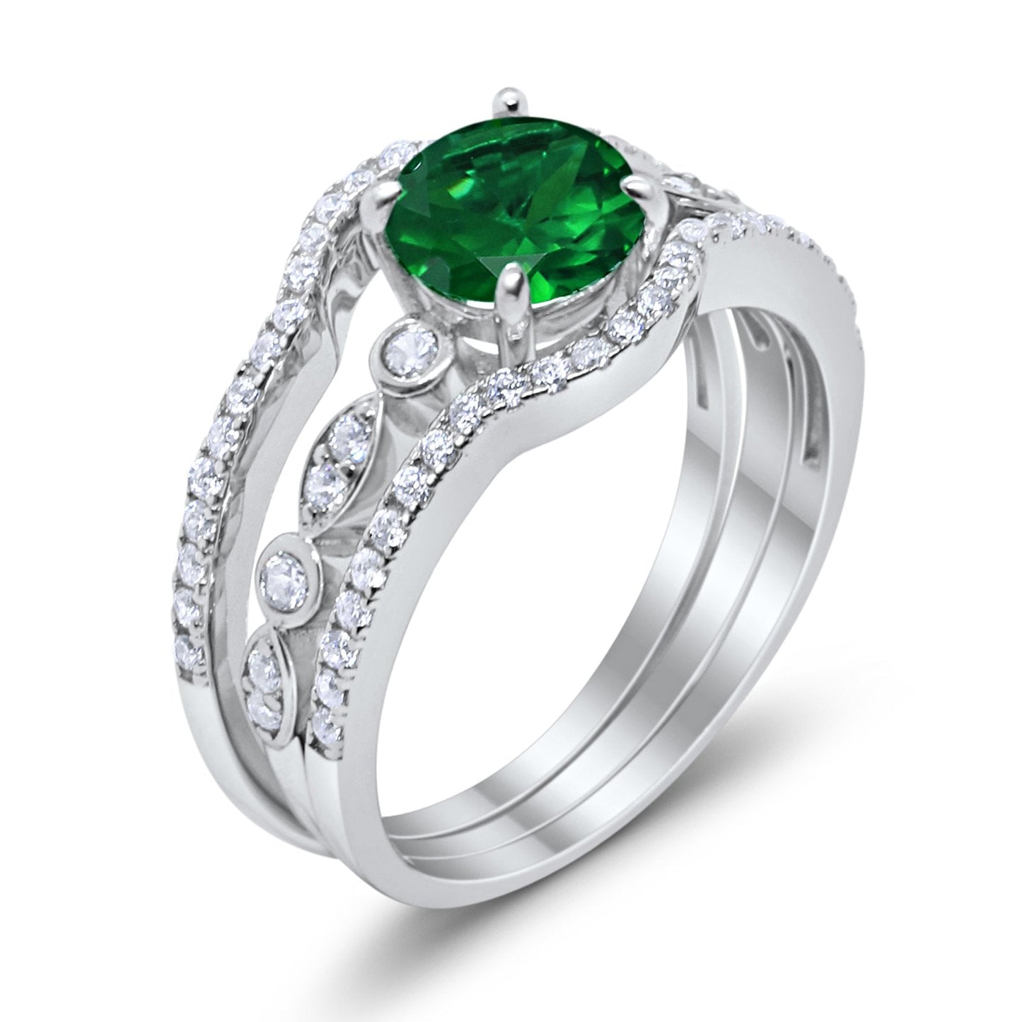 Trio Set Three Piece Wedding Ring Round Simulated Green Emerald CZ