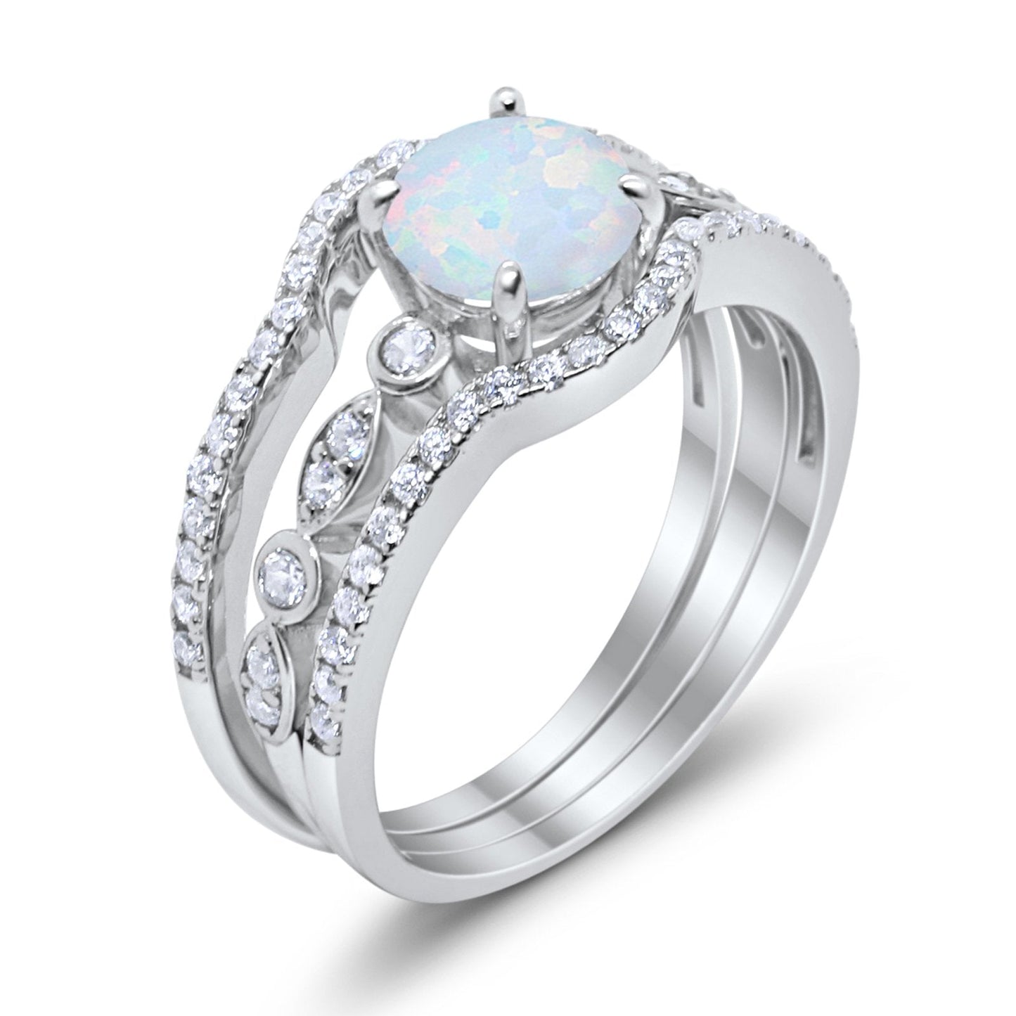 Trio Set Three Piece Round Lab White Opal Wedding Ring