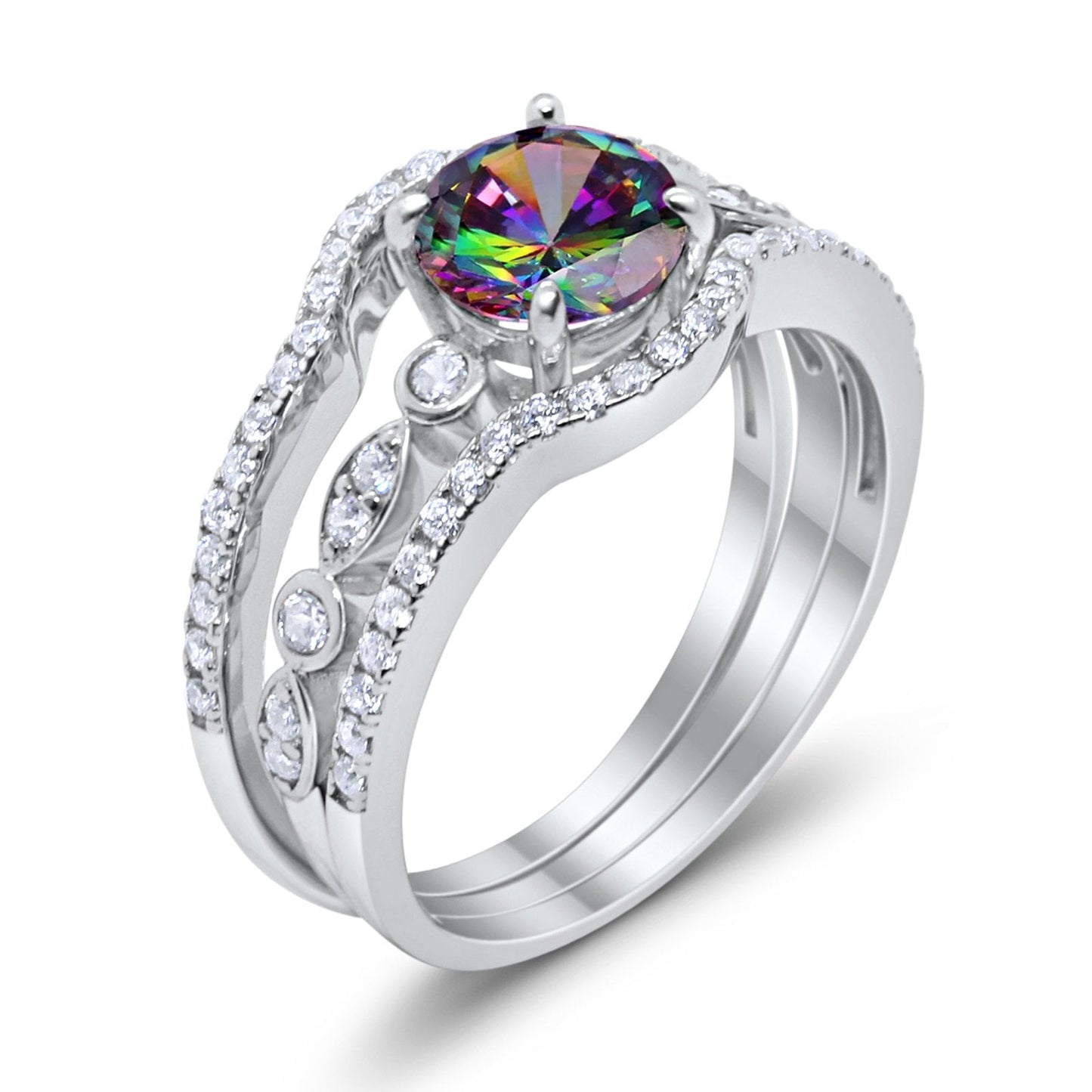 Trio Set Three Piece Round Simulated Rainbow CZ Wedding Ring