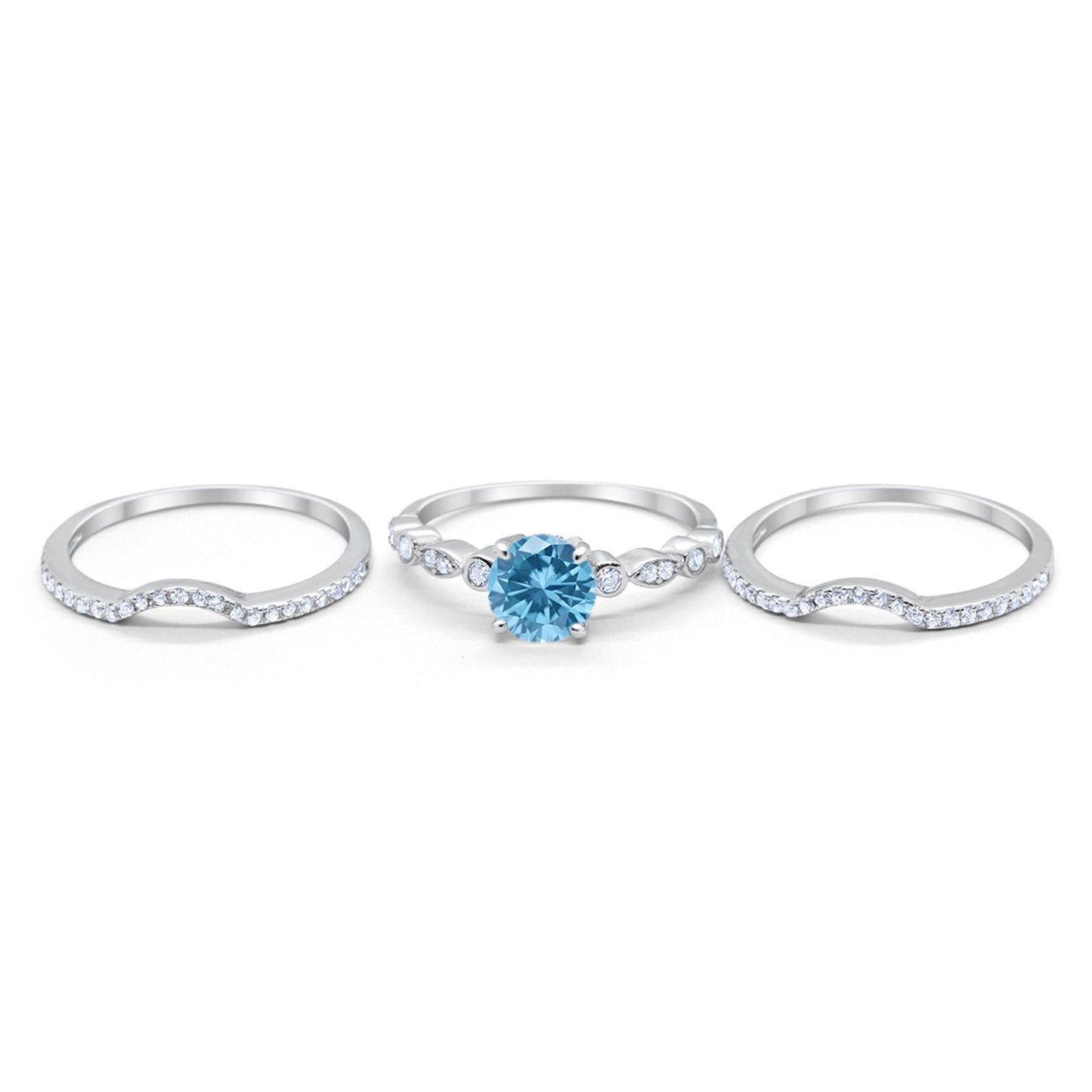 Trio Set Three Piece Wedding Ring Round Simulated Aquamarine CZ