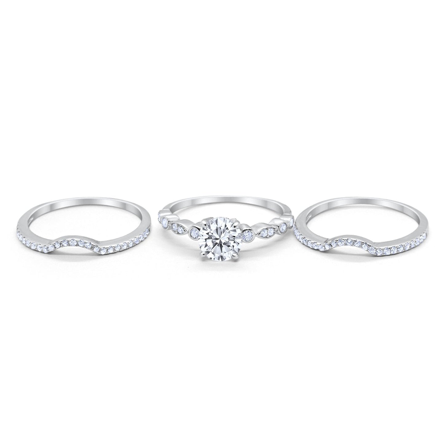 Trio Set Three Piece Wedding Ring Round Simulated Cubic Zirconia