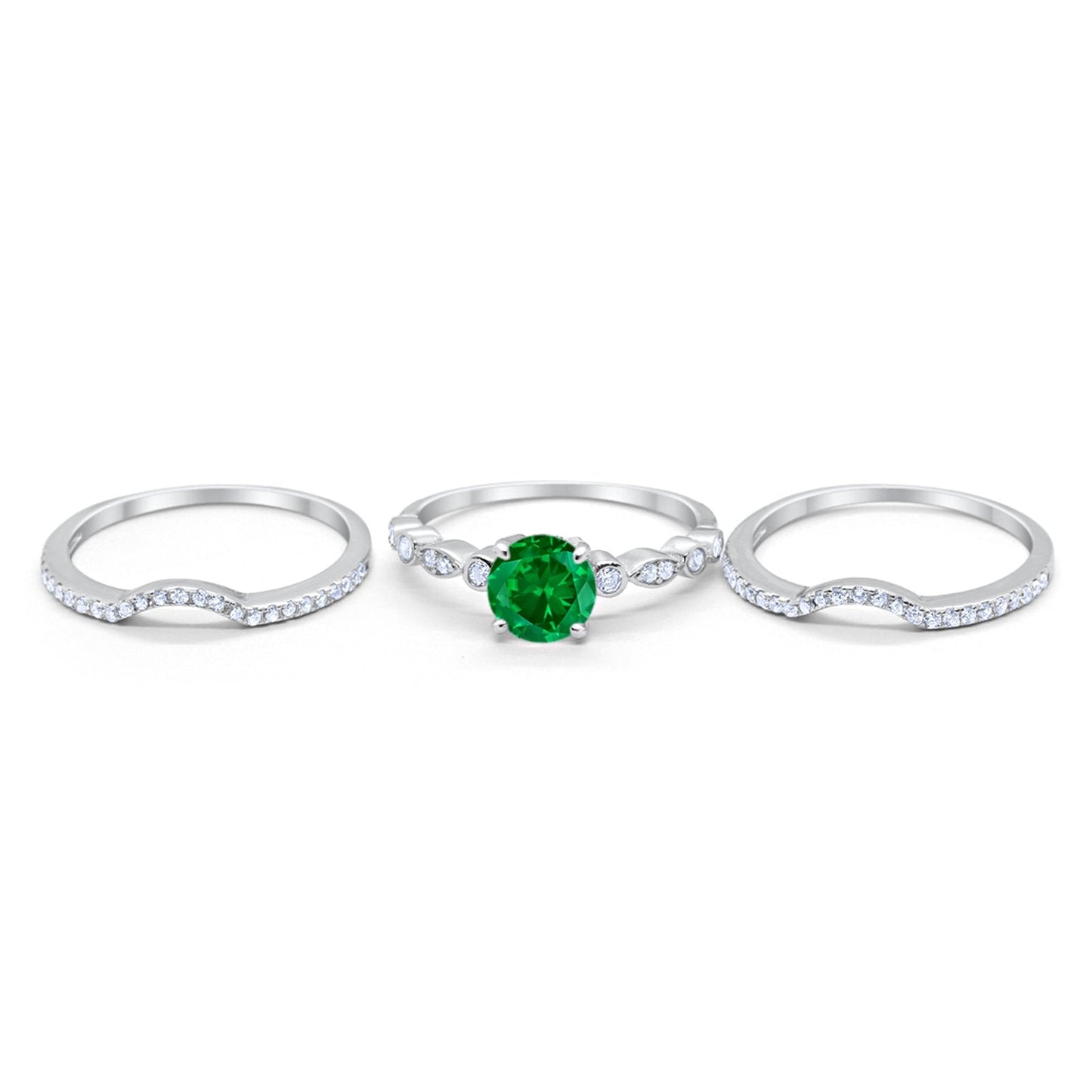 Trio Set Three Piece Wedding Ring Round Simulated Green Emerald CZ