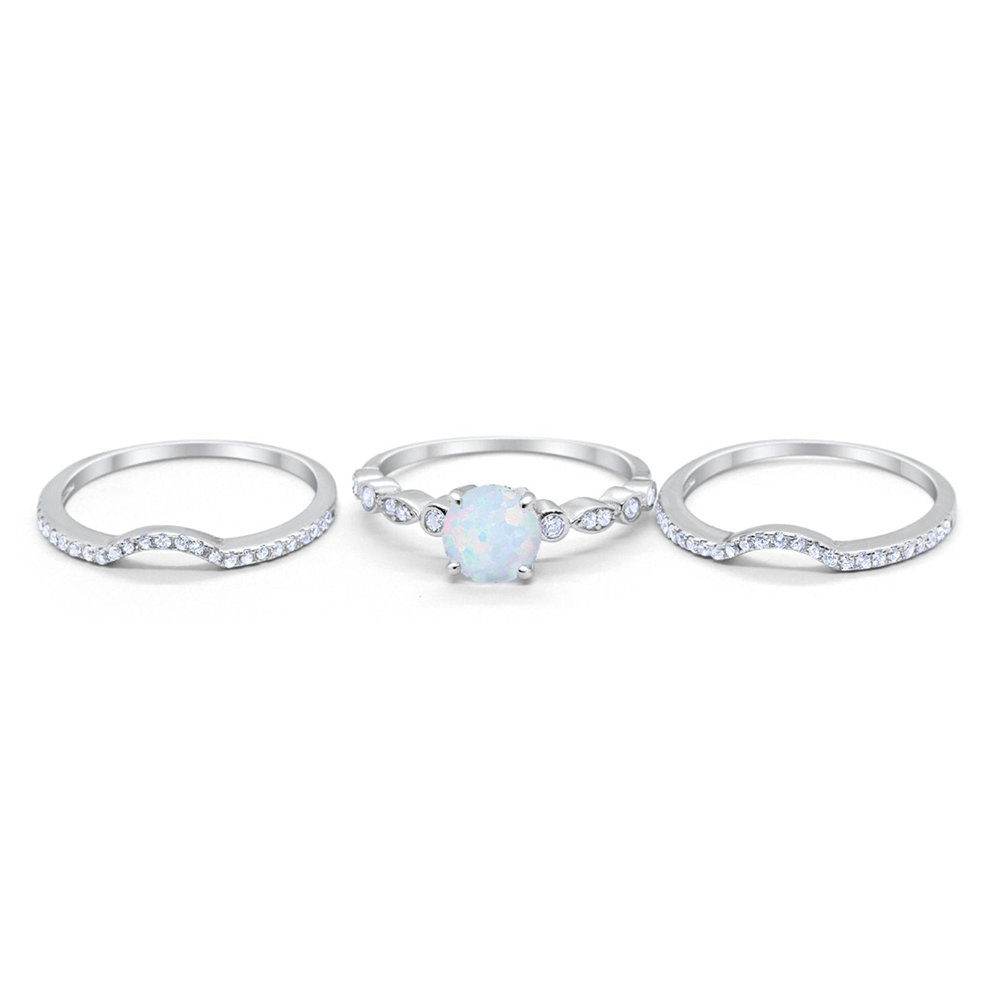 Trio Set Three Piece Round Lab White Opal Wedding Ring