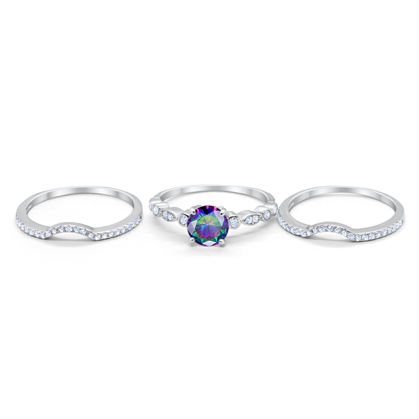 Trio Set Three Piece Round Simulated Rainbow CZ Wedding Ring