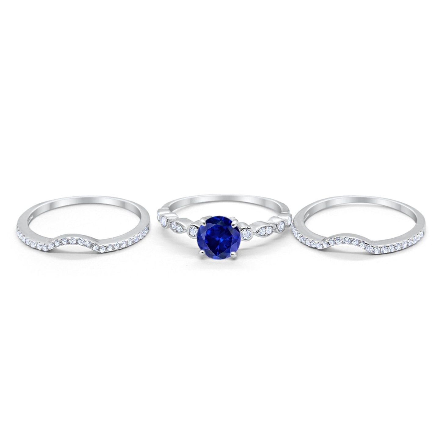 Trio Set Three Piece Round Simulated Blue Sapphire CZ Wedding Ring