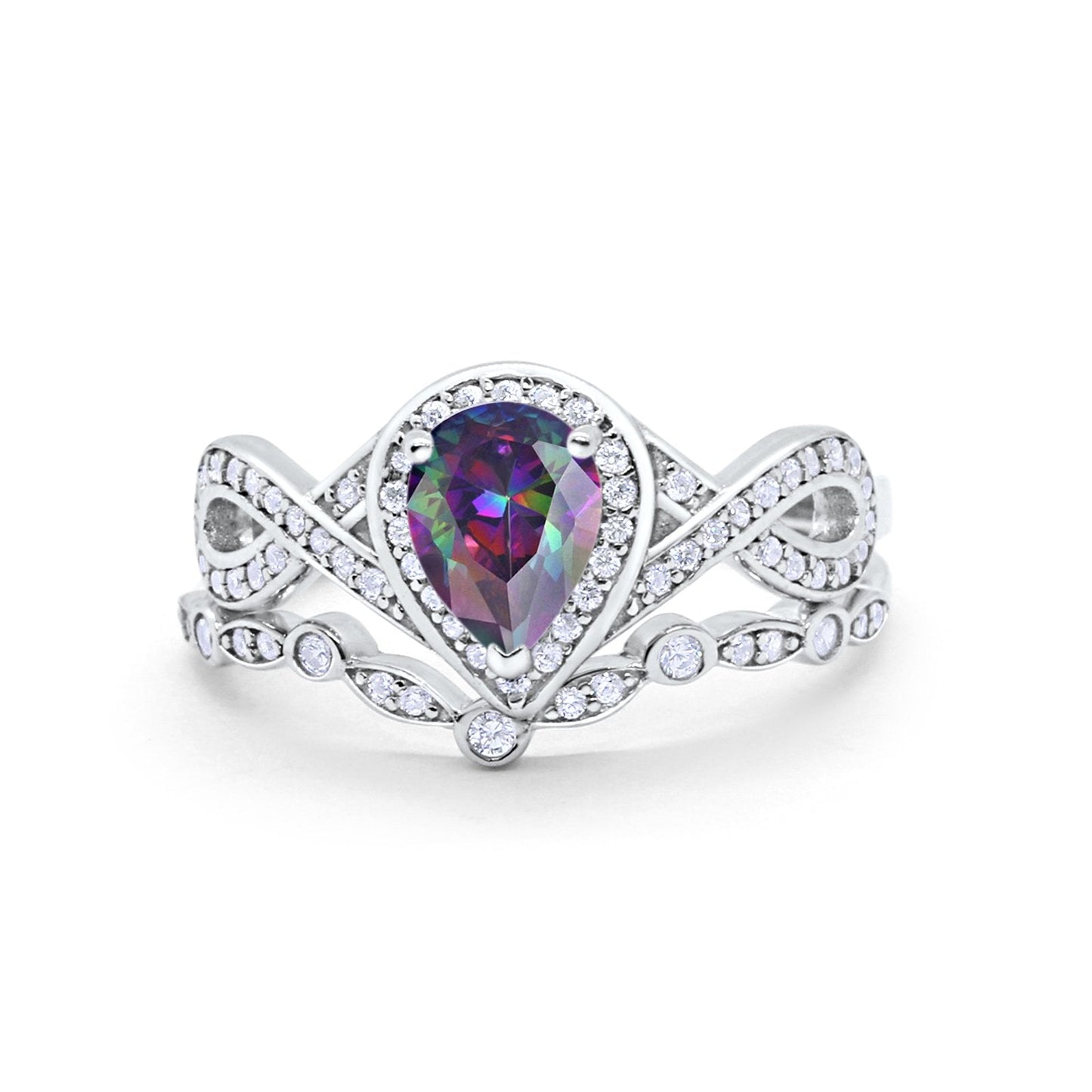 Teardrop Piece Art Deco Wedding Ring Simulated Rainbow CZ