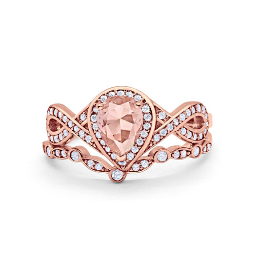 Teardrop Piece Band Rose Tone Simulated Morganite CZ Wedding Ring