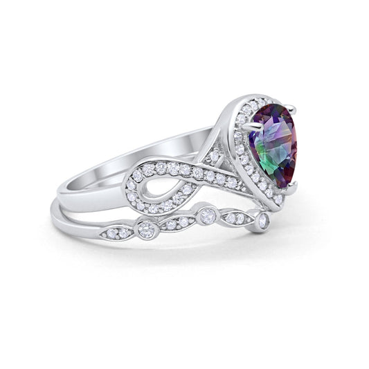 Teardrop Piece Art Deco Wedding Ring Simulated Rainbow CZ