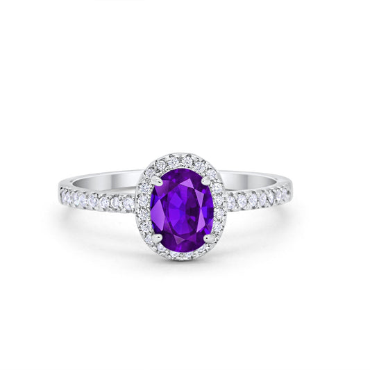 Halo Oval Simulated Amethyst CZ Engagement Ring