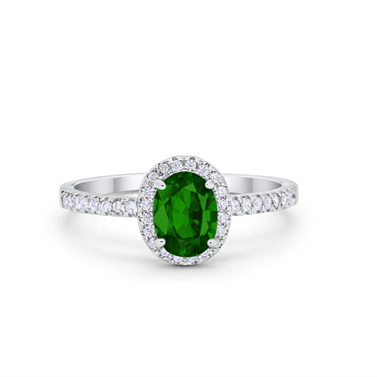 Halo Oval Engagement Ring Simulated Green Emerald CZ