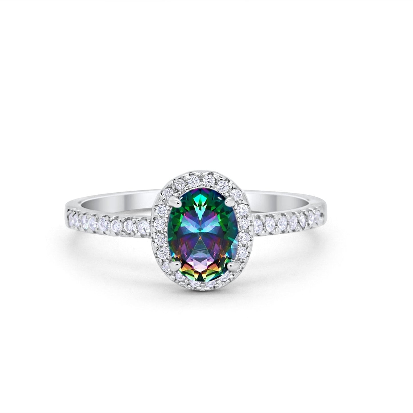 Halo Oval Engagement Ring Simulated Rainbow CZ