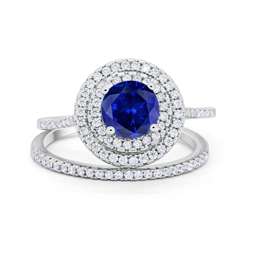 Double Halo Engagement Bridal Piece Ring Simulated Blue Sapphire CZ