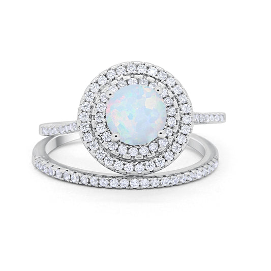 Double Halo Engagement Bridal Piece Ring Lab Created White Opal