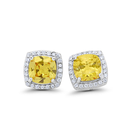 Halo Cushion Simulated Yellow CZ Bridal Earrings