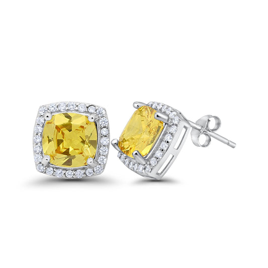 Halo Cushion Simulated Yellow CZ Bridal Earrings