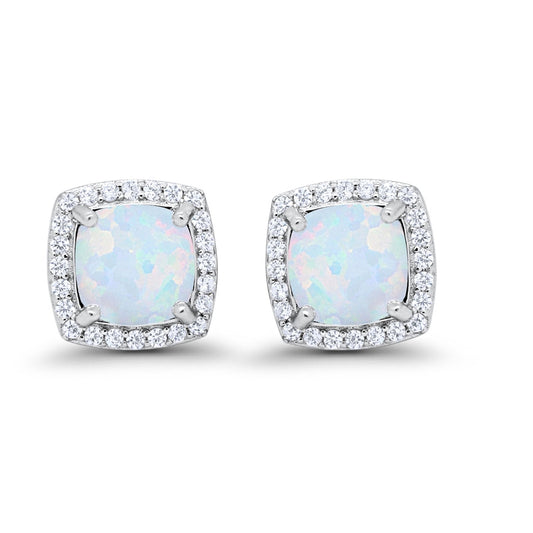 Halo Cushion Lab Created White Opal Bridal Earrings