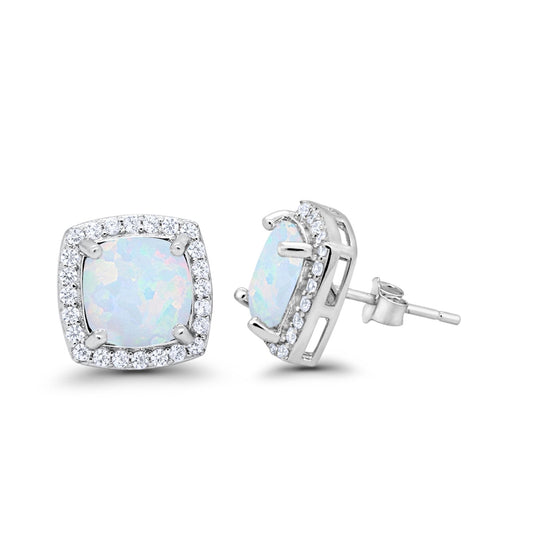 Halo Cushion Lab Created White Opal Bridal Earrings