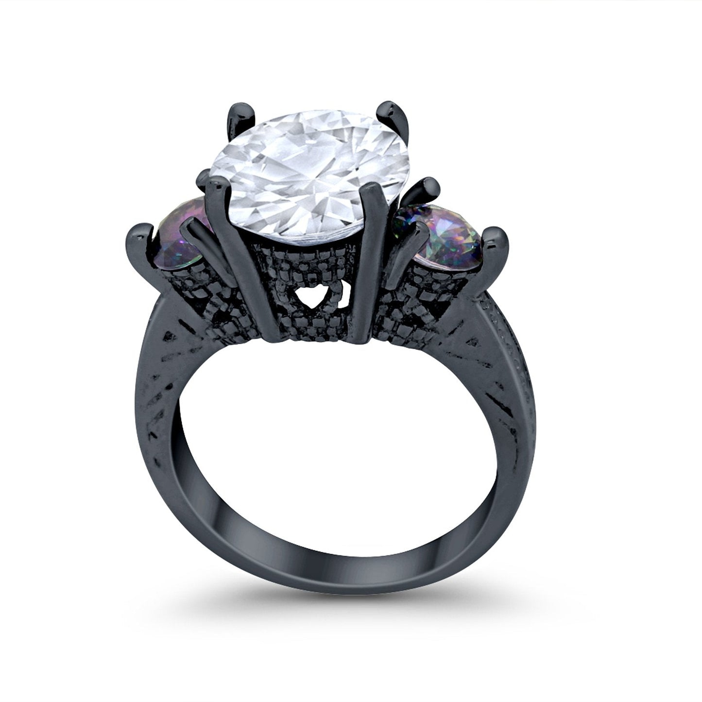 Three Stone Ring Round Black Tone, Simulated Cubic Zirconia