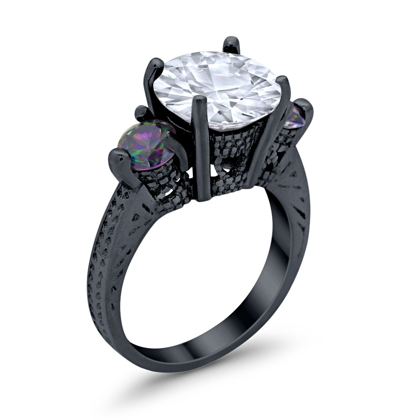 Three Stone Ring Round Black Tone, Simulated Cubic Zirconia