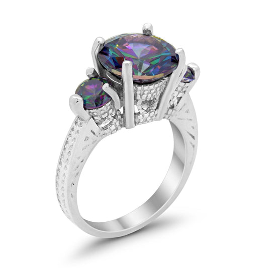 Three Stone Ring Round Simulated Rainbow CZ