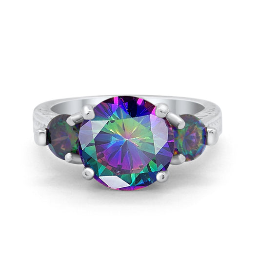 Three Stone Ring Round Simulated Rainbow CZ