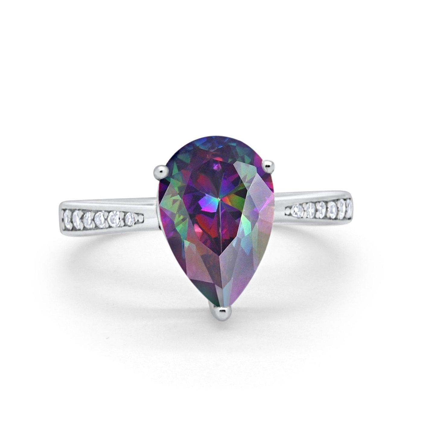 Teardrop Pear Bridal Ring Simulated Rainbow CZ