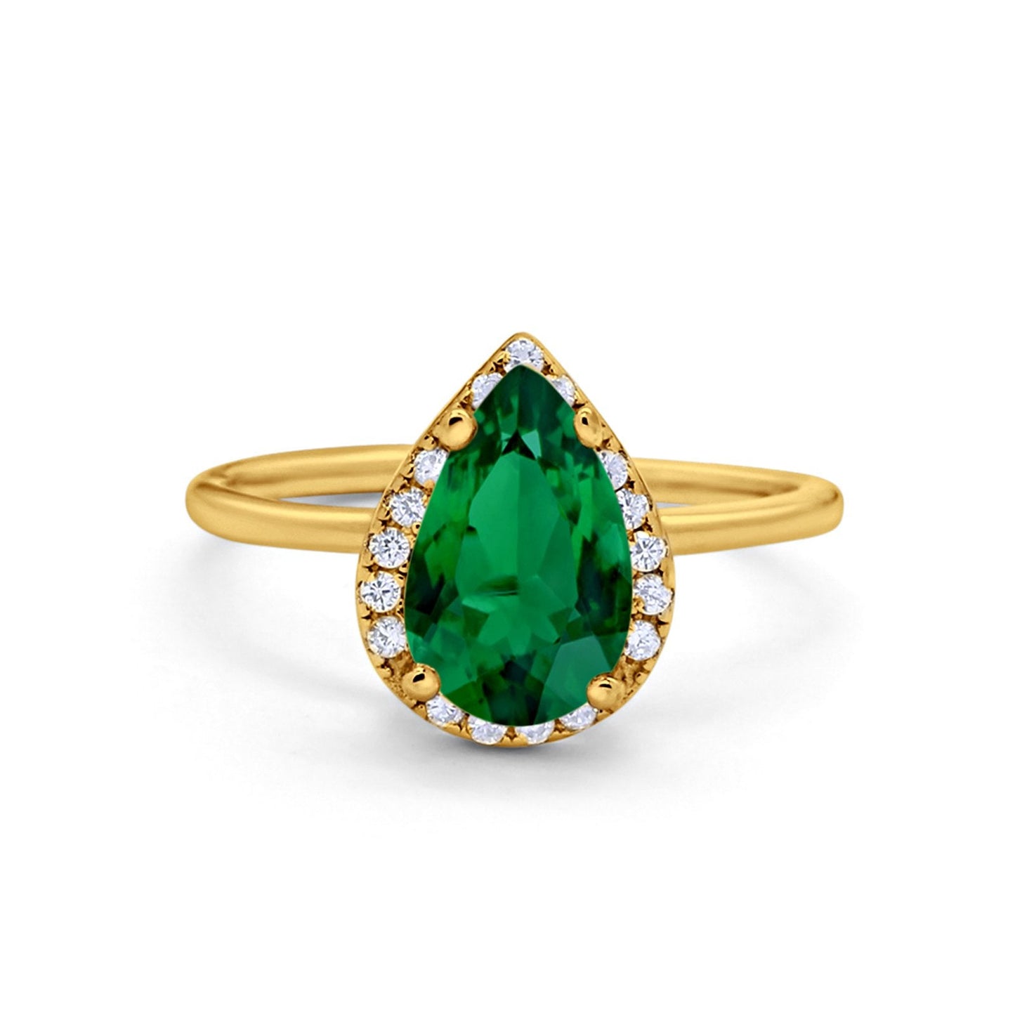 Teardrop Pear Yellow Tone, Simulated Green Emerald CZ Engagement Ring