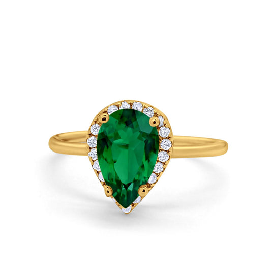 Teardrop Pear Yellow Tone, Simulated Green Emerald CZ Engagement Ring