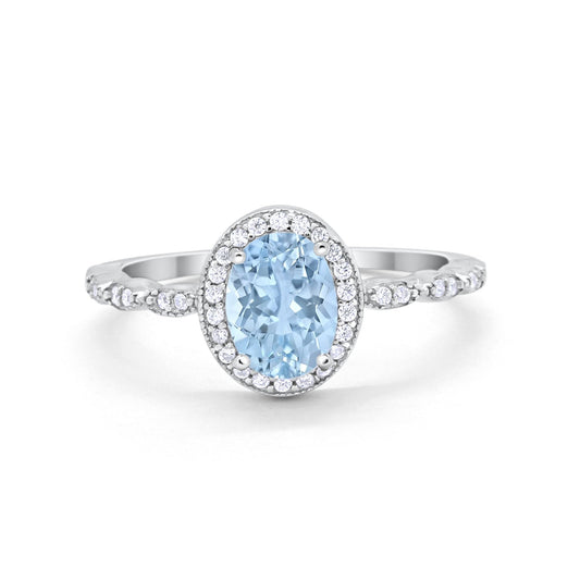 Oval Engagement Ring Halo Bridal Simulated Aquamarine CZ