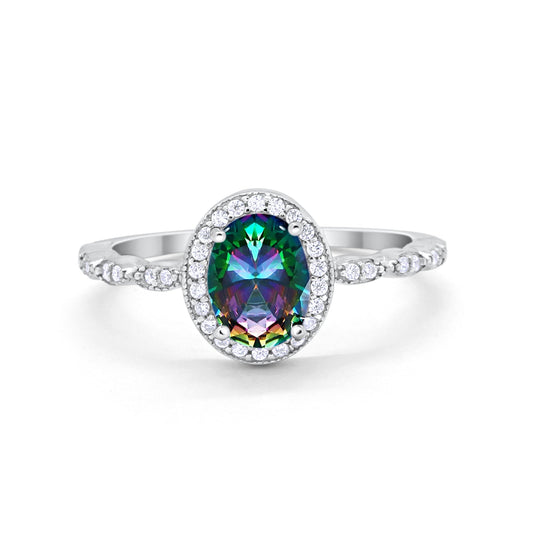 Oval Engagement Ring Halo Bridal Simulated Rainbow CZ