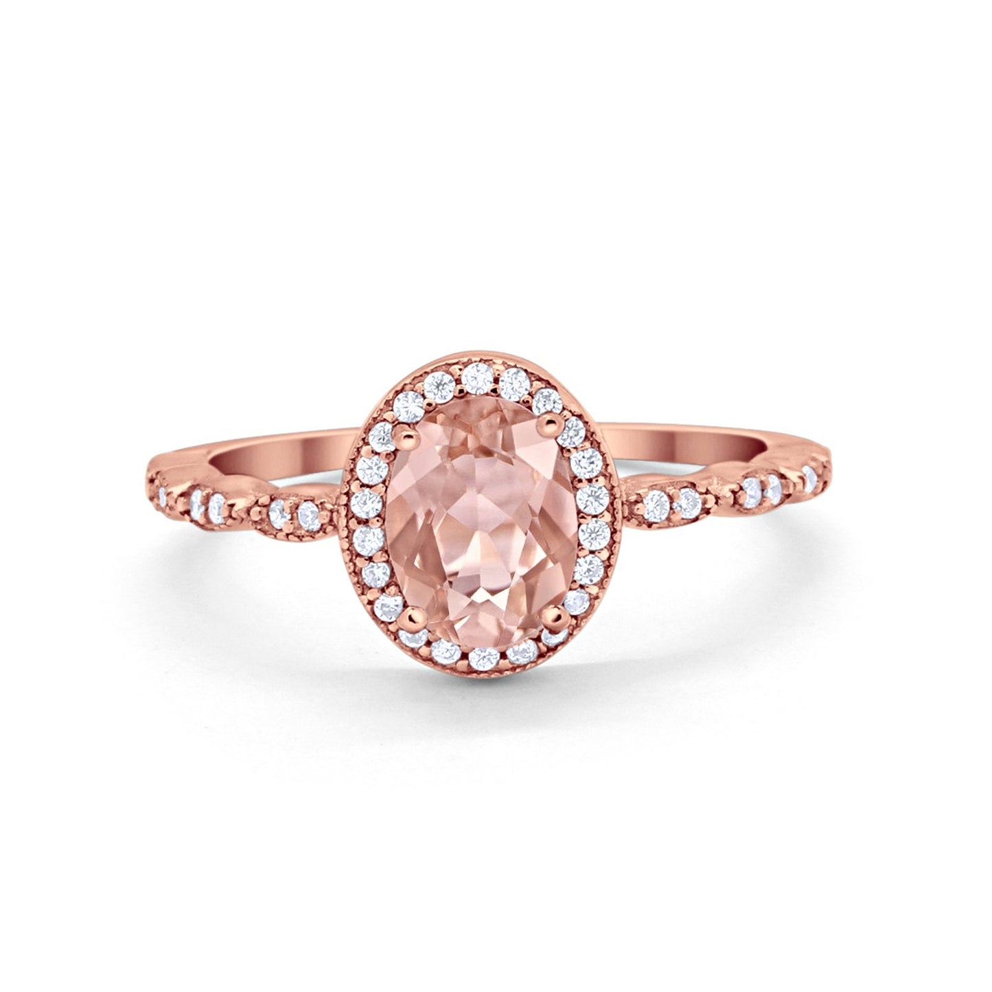 Oval Engagement Ring Halo Bridal Rose Tone, Simulated Morganite CZ