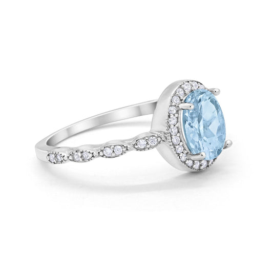 Oval Engagement Ring Halo Bridal Simulated Aquamarine CZ