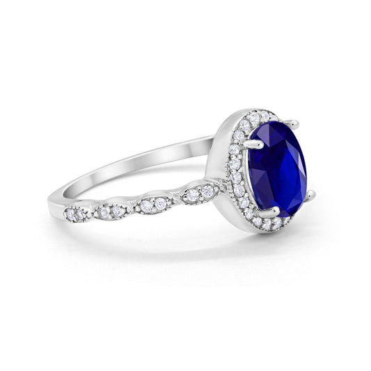 Oval Engagement Ring Halo Bridal Simulated Blue Sapphire CZ