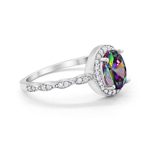 Oval Engagement Ring Halo Bridal Simulated Rainbow CZ