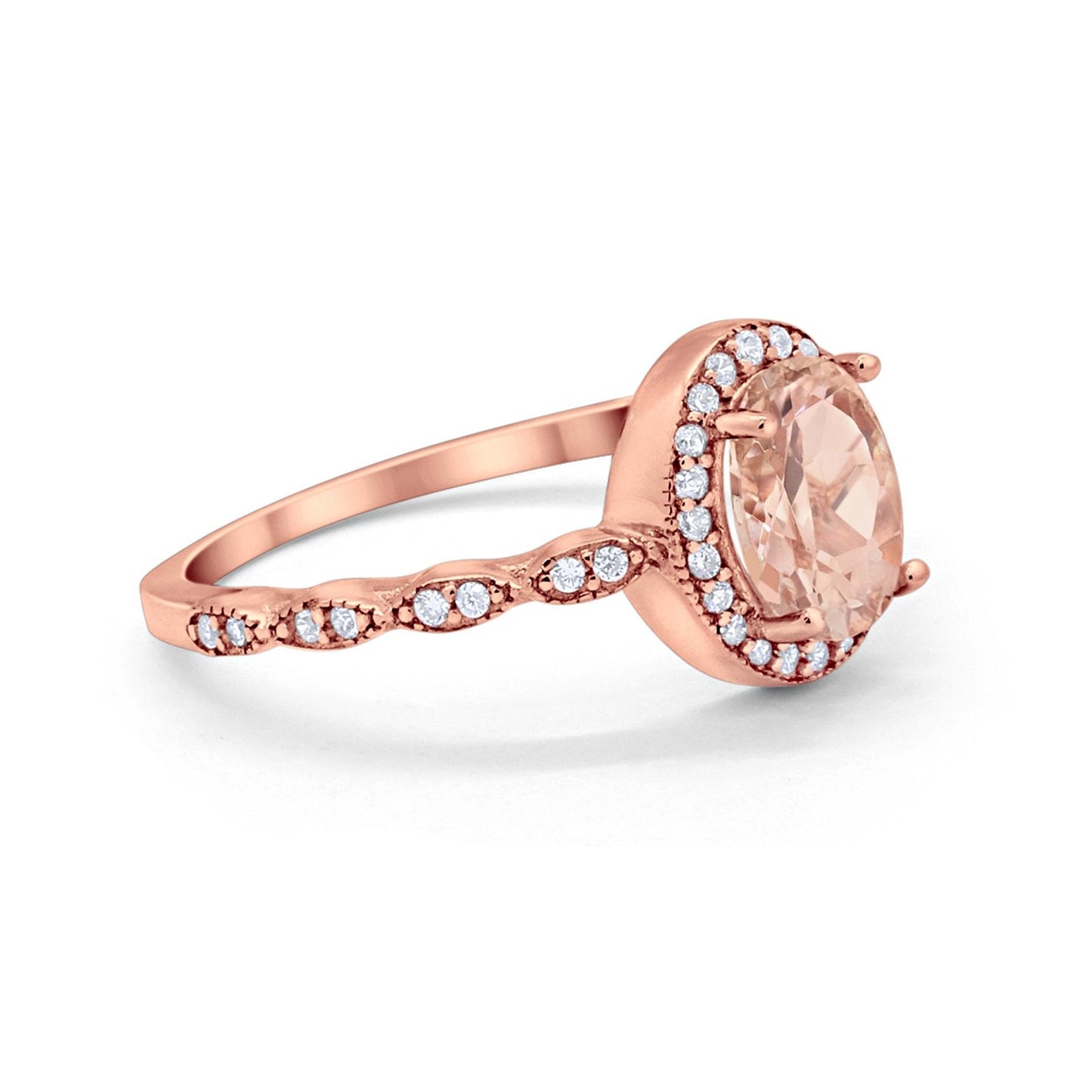 Oval Engagement Ring Halo Bridal Rose Tone, Simulated Morganite CZ