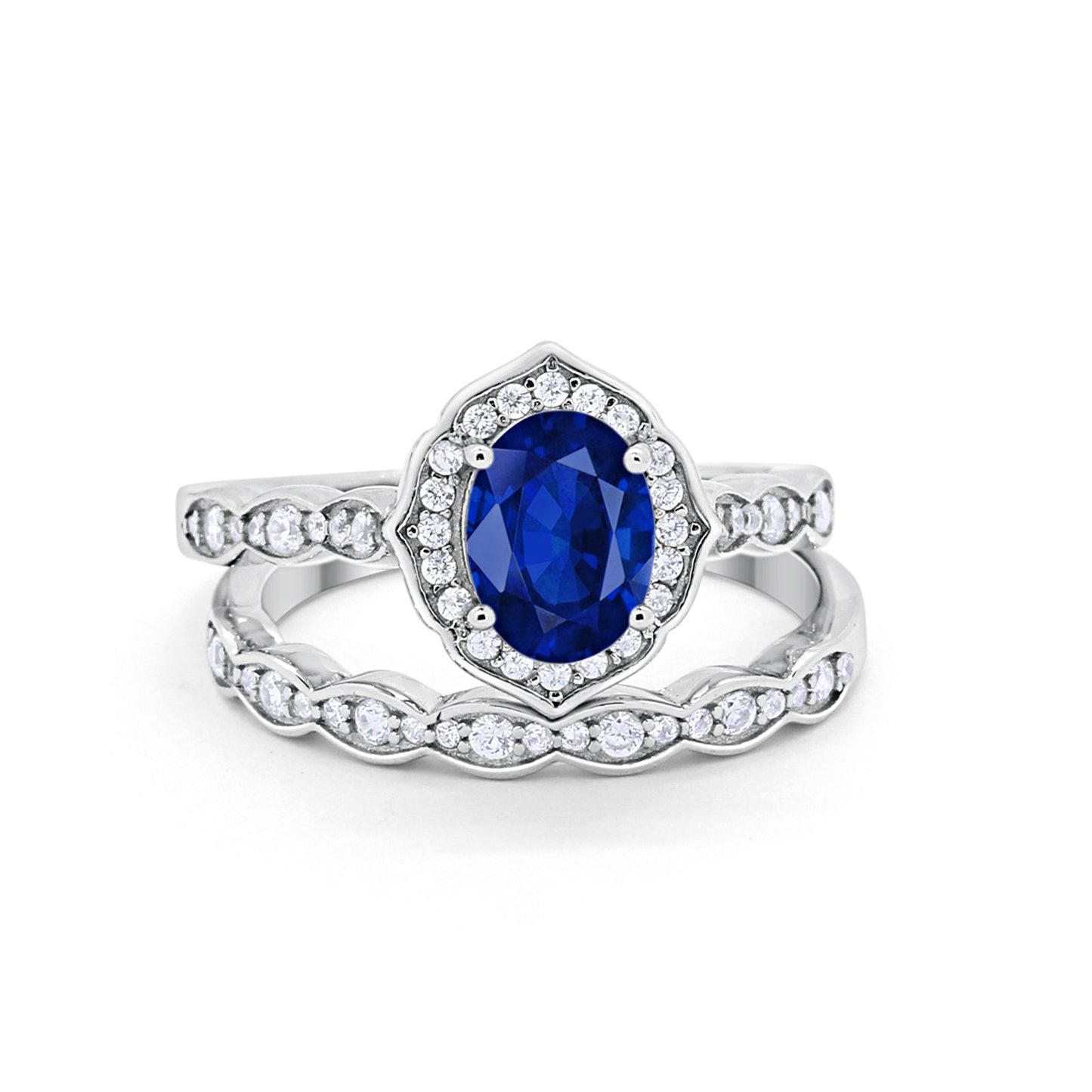 Two Piece Vintage Style Simulated Blue Sapphire CZ Wedding Ring