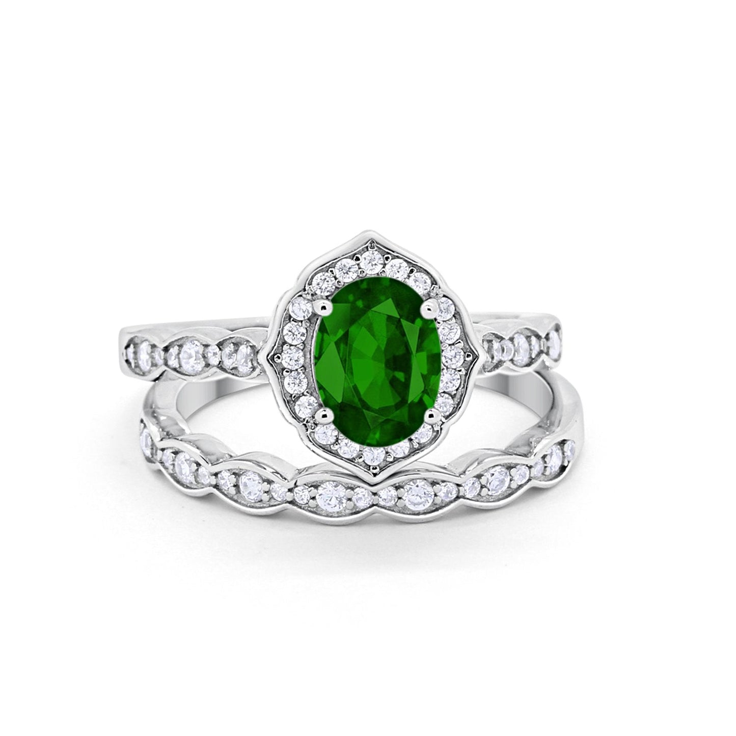 Two Piece Vintage Style Simulated Green Emerald CZ Wedding Ring