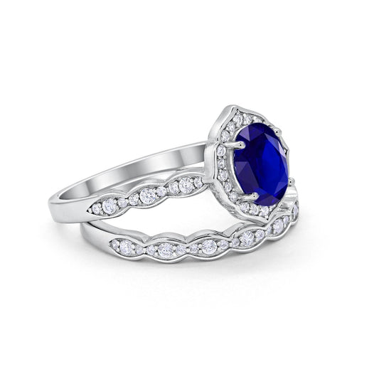 Two Piece Vintage Style Simulated Blue Sapphire CZ Wedding Ring