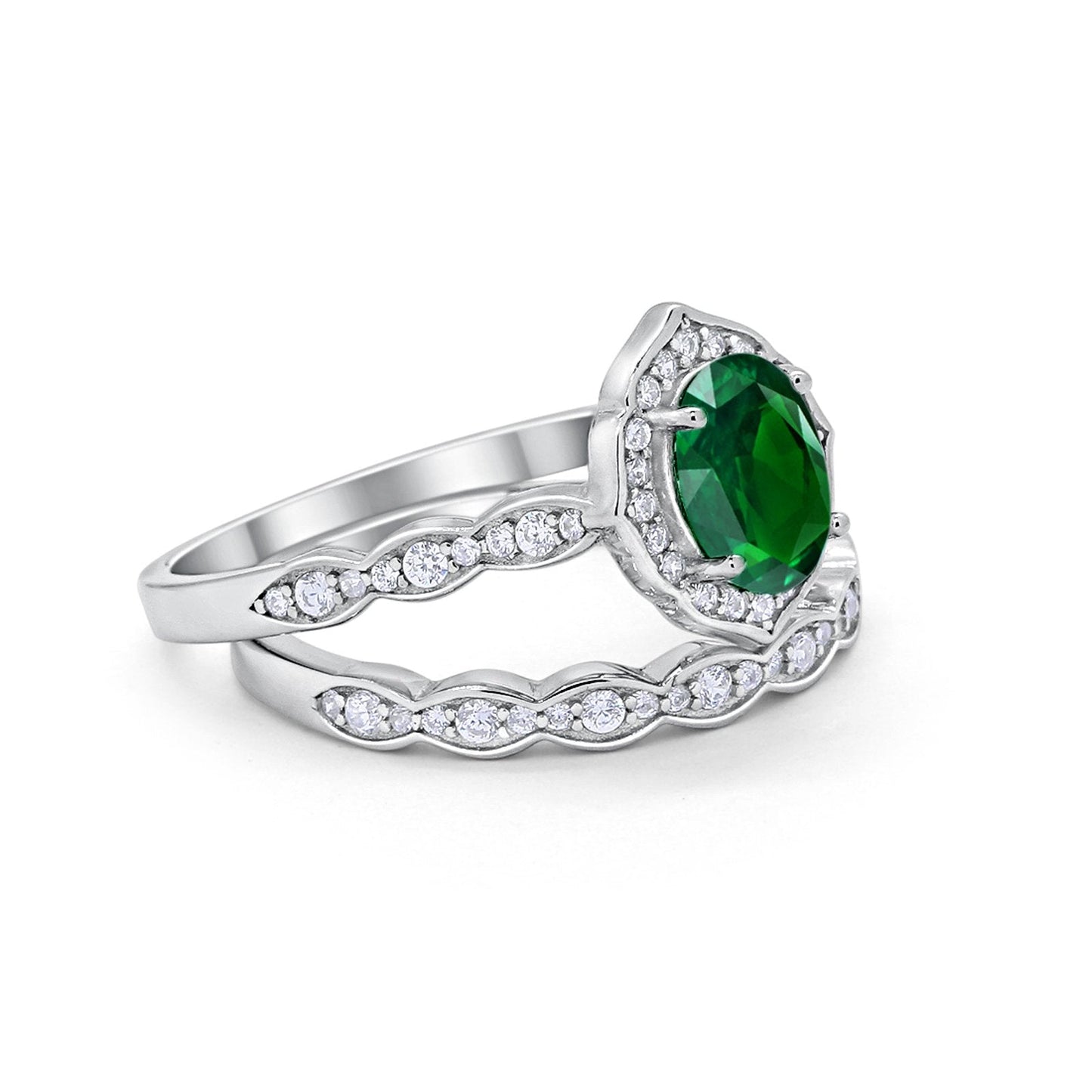 Two Piece Vintage Style Simulated Green Emerald CZ Wedding Ring