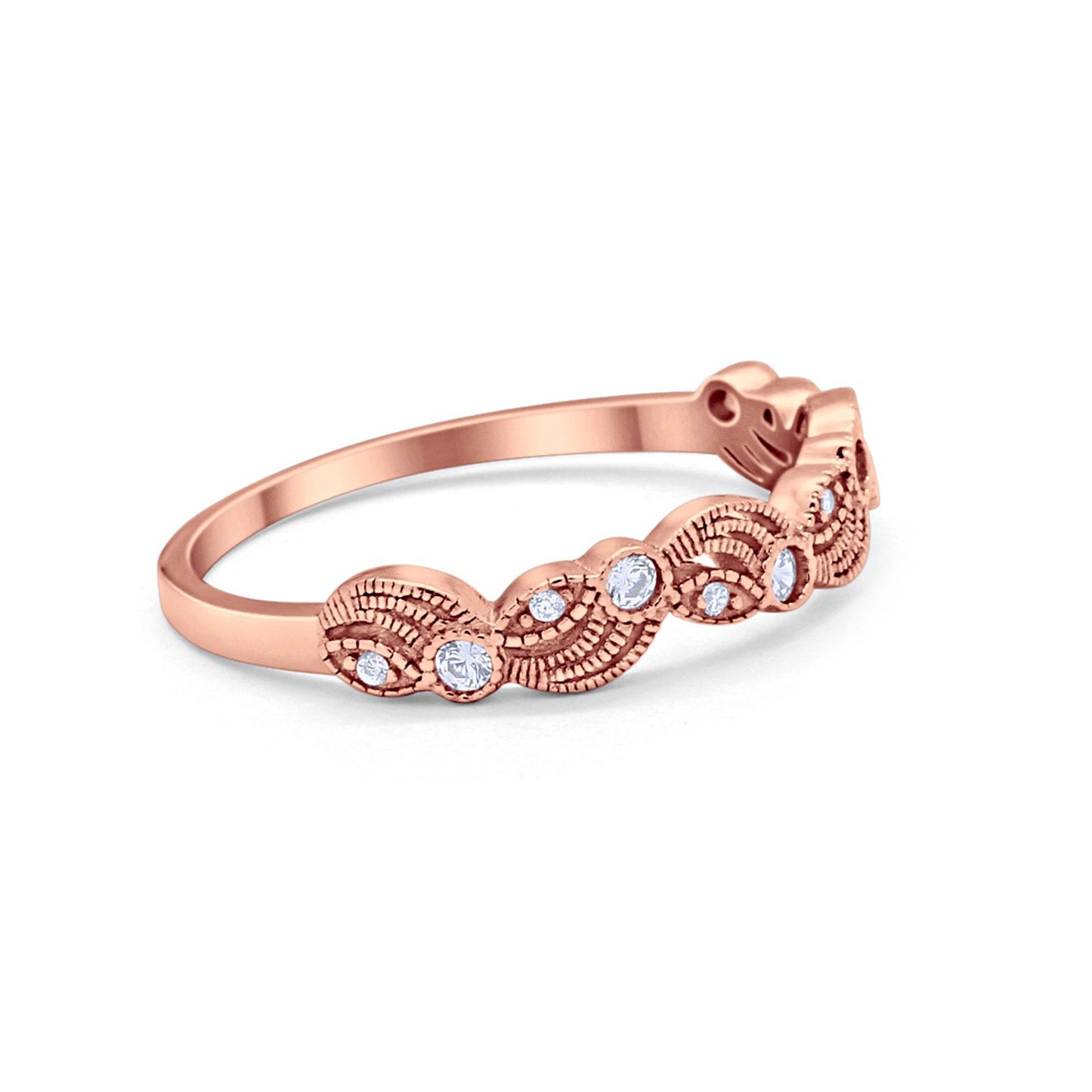 Flower Fancy Band Eternity Ring Round Rose Tone, Simulated Cubic Zirconia