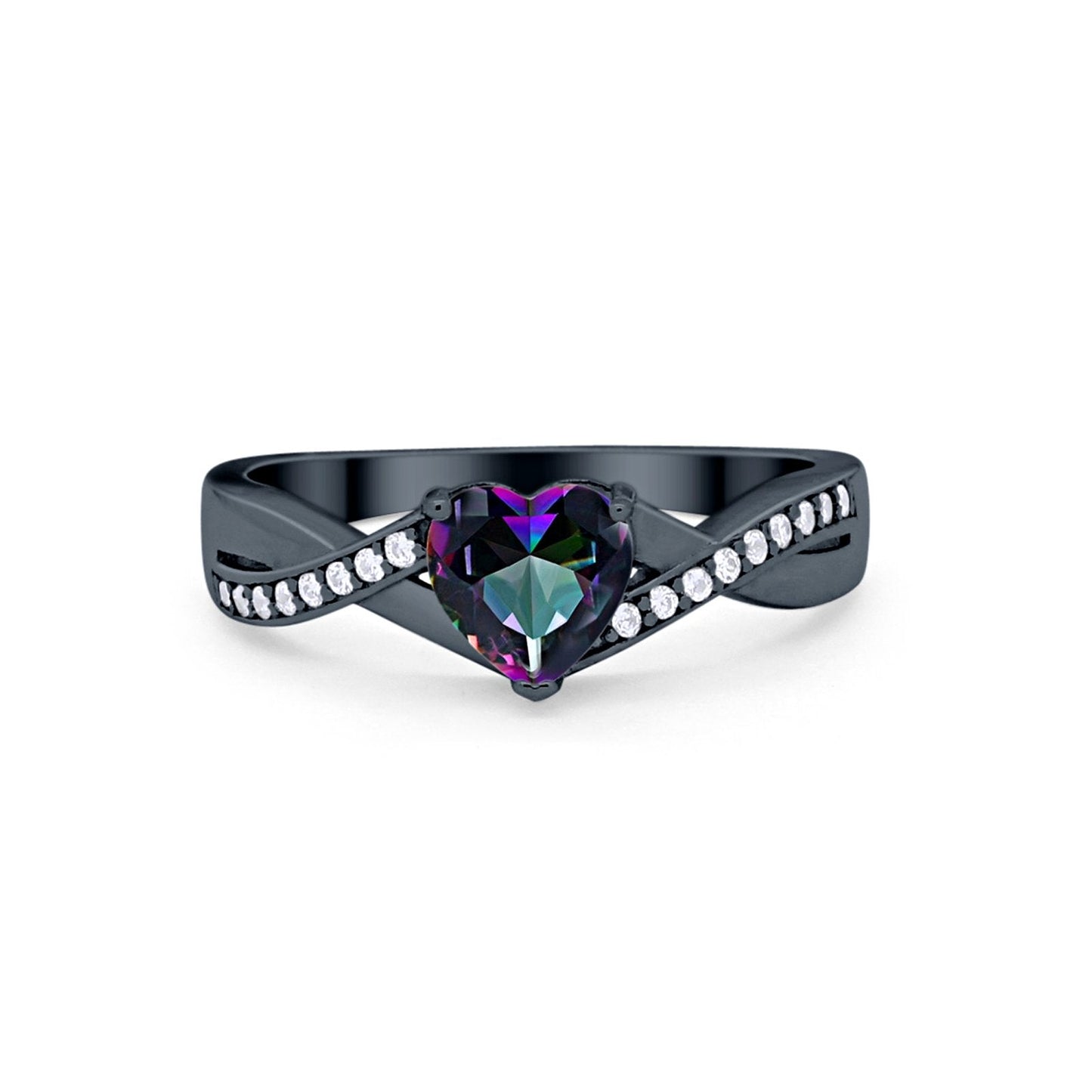 Infinity Accent Wedding Ring Heart Shape Black Tone, Simulated Rainbow CZ