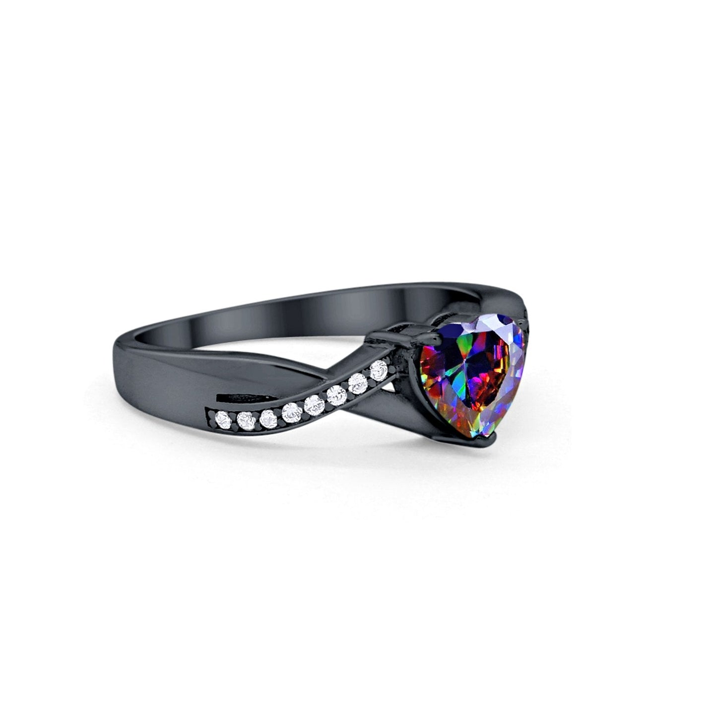 Infinity Accent Wedding Ring Heart Shape Black Tone, Simulated Rainbow CZ