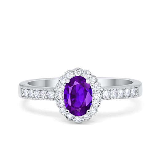 Floral Engagement Ring Oval Simulated Amethyst CZ