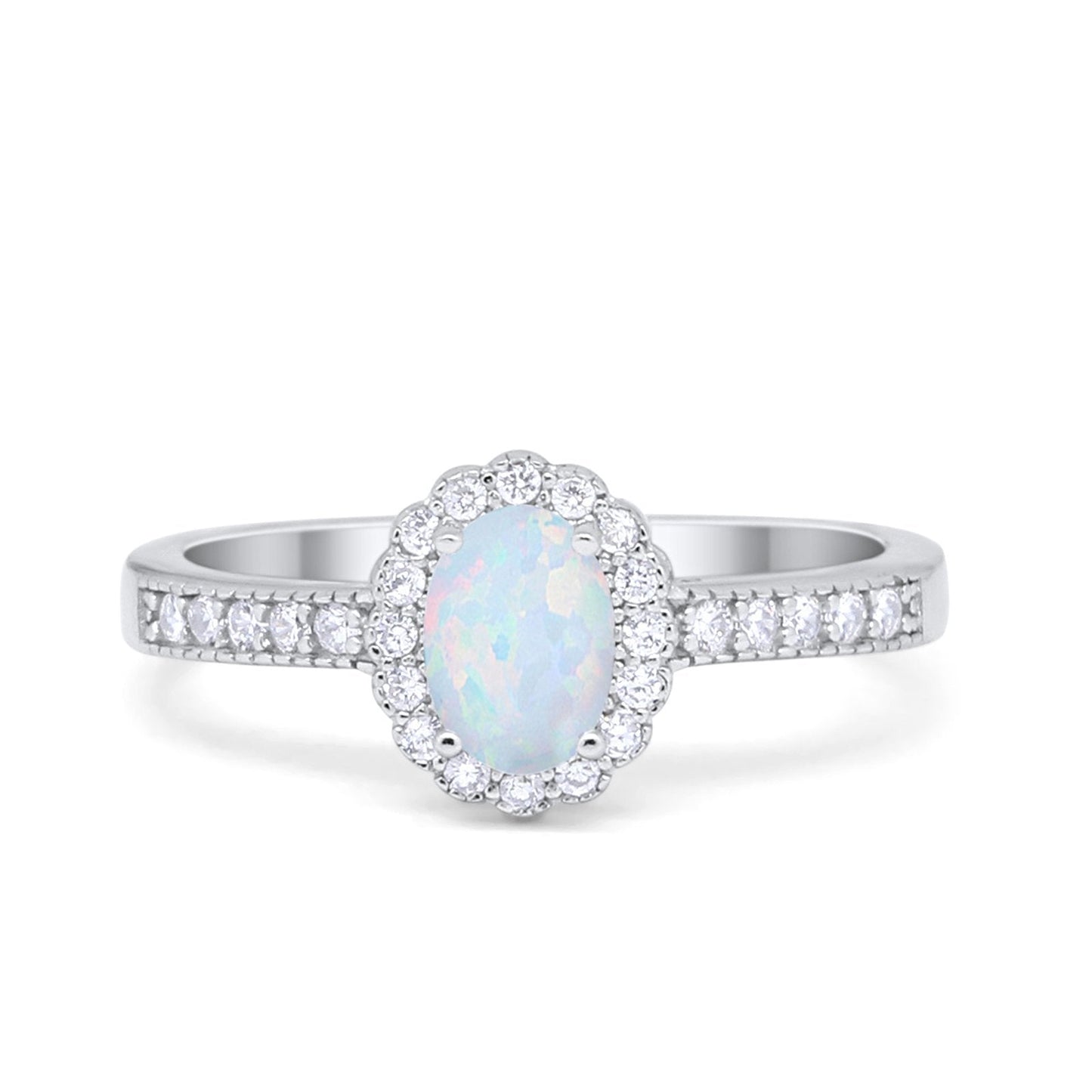 Floral Engagement Ring Oval Lab Created White Opal