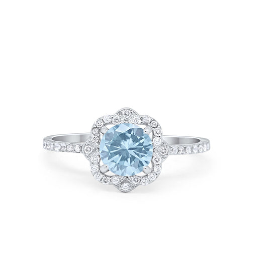 Art Deco Floral Simulated Aquamarine CZ Wedding Ring