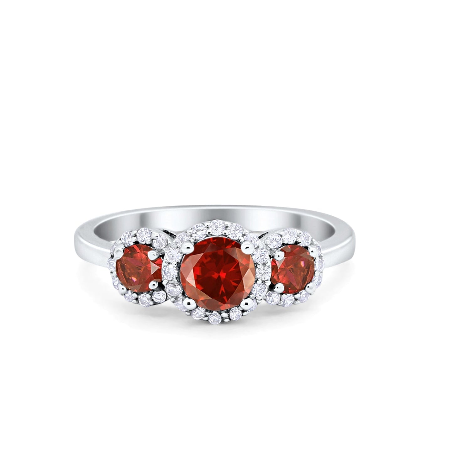 Three Stone Halo Simulated Garnet CZ Wedding Engagement Promise Ring