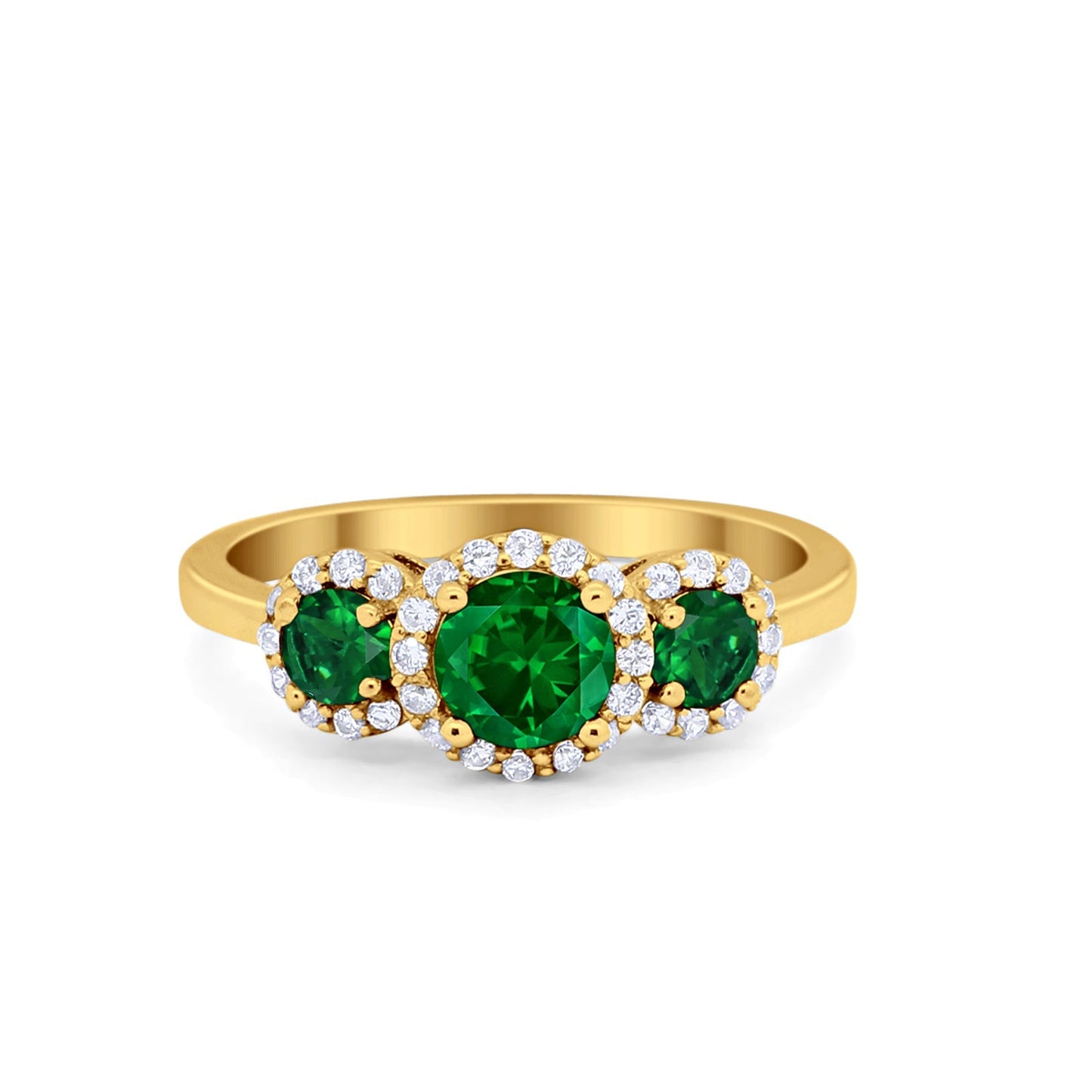 Three Stone Halo Yellow Tone, Simulated Green Emerald CZ Wedding Engagement Promise Ring